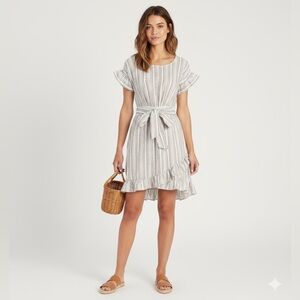 NWT Ava James Women’s Large White Tan Striped Linen Ruffle Dress L Short Sleeve